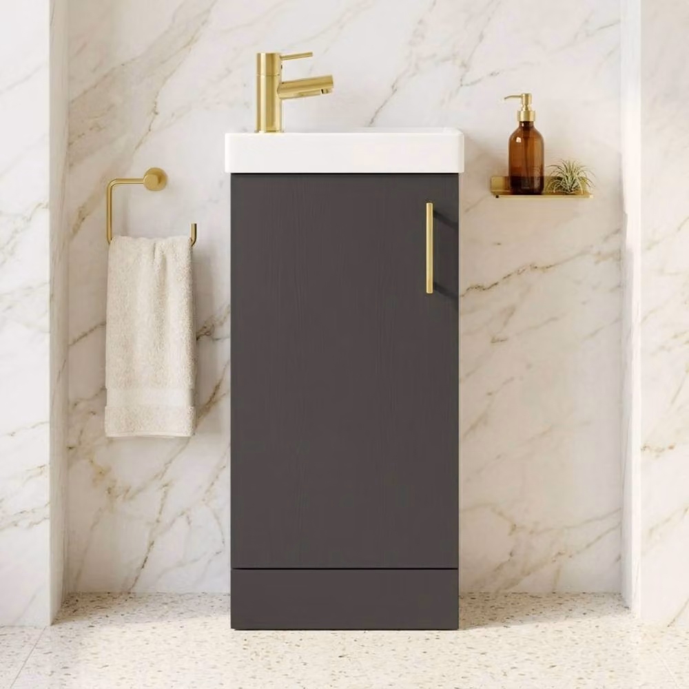 Balterley Gloss Grey Freestanding Floor Standing Vanity Basin with Brushed Brass Handle, Width: 40 cm – 6