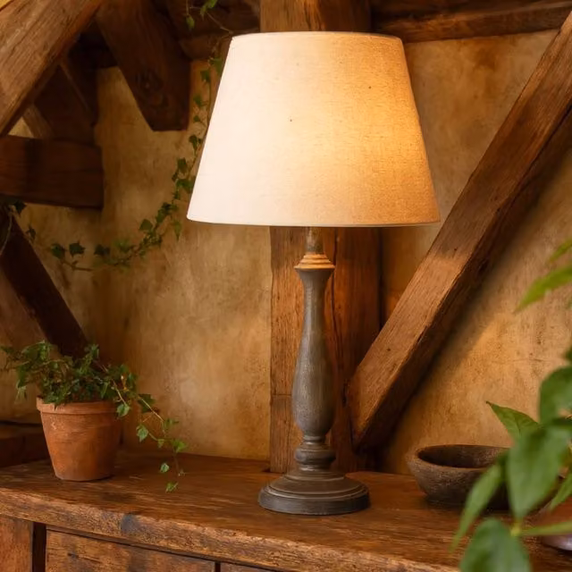Wyld Haus Naples Rustic Grey Wooden Table Lamp with Beige Fabric Shade – 1
