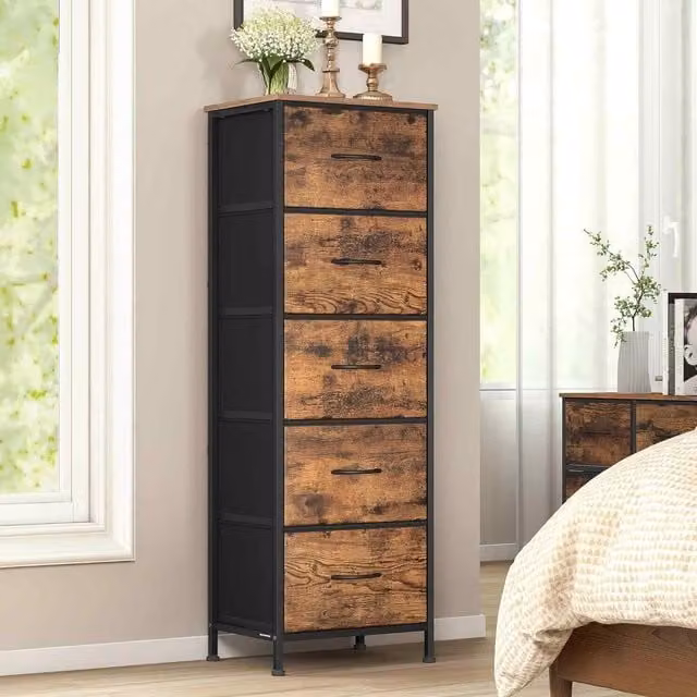 The Bazaarist 5 Drawer Fabric Dresser Cabinet in Brown and Black