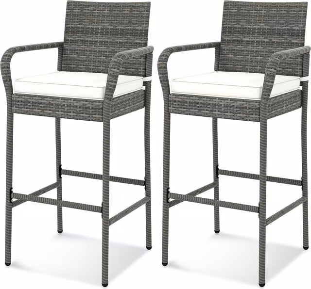 COSTWAY Grey Rattan and Metal Outdoor Bar Stool Set for Garden or Dining Room