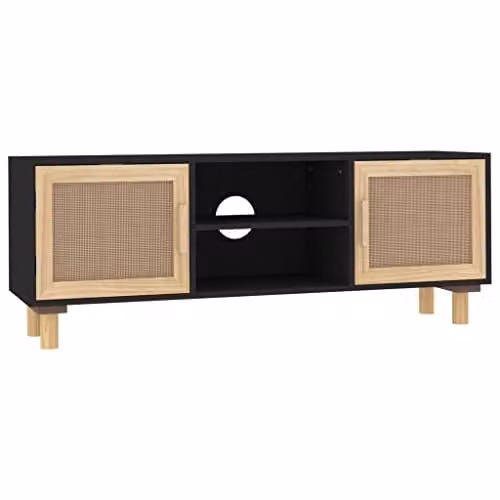 vidaXL TV Cabinet in Black Solid Pine Wood with Natural Rattan, W: 105 cm, D: 40 cm, H: 40 cm – 1