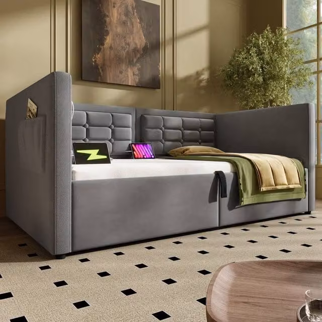 Rolipo Grey Velvet 3FT Single Sofa Bed Daybed with Hydraulic Storage and USB Charging Port W/D/H: 90 x 190 x 75 cm