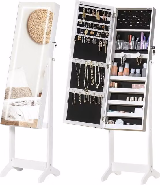Furnold Free Standing Jewellery Cabinet with LED Lights and Mirror, White, H 151.5 x W 46.0 x D 36.5 cm