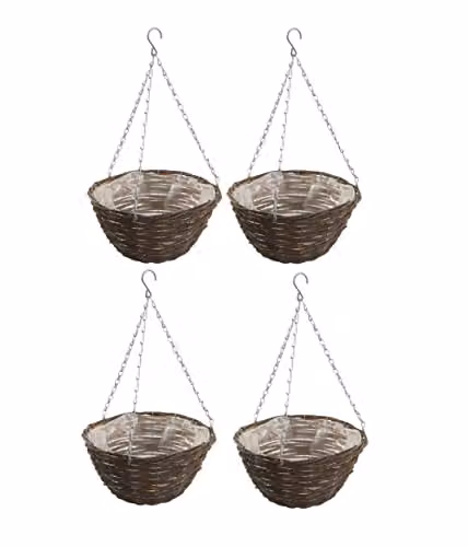 Ambassador Set of 4 Brown Woven Rattan Hanging Baskets with Liners and Chains – 2