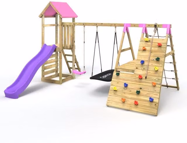 Rebo Wooden Climbing Frame with Swings, Climbing Wall and 2 Slides, Pink, 445 cm