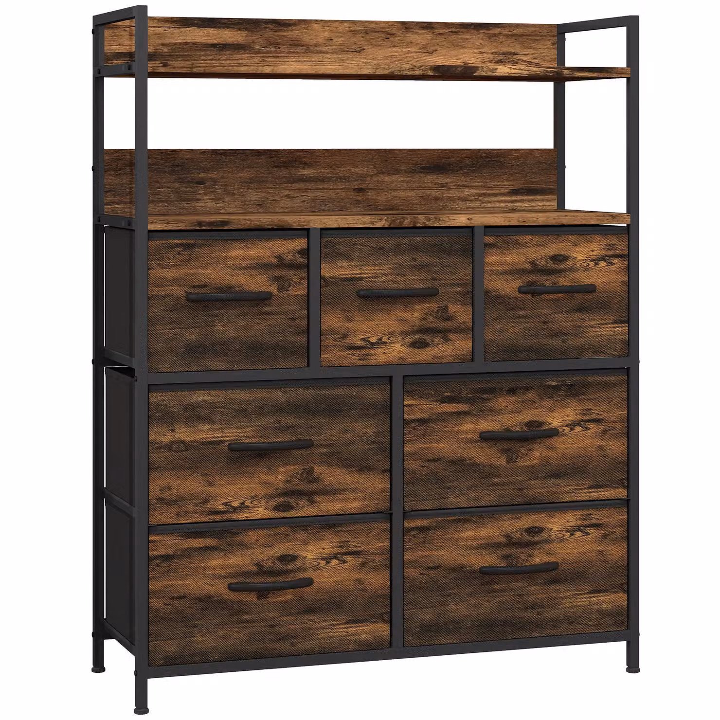HOMCOM Industrial Chest of Drawers with 6 Fabric Drawers and Open Shelves, Brown – 6