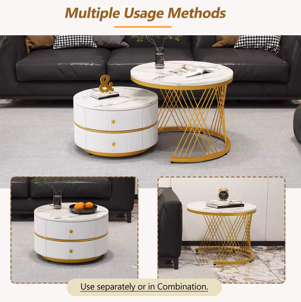 STILVORA Nesting Coffee Table Set with 2 Drawers in White and Gold – 7