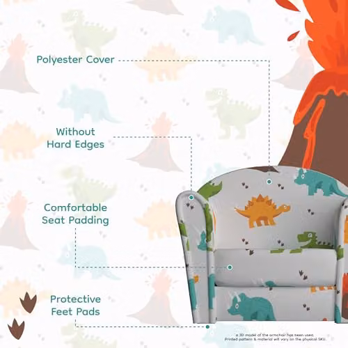 Kidsaw Dinosaur Themed Childrens Armchair in Light Grey with Wood Frame and Soft Upholstery, W/D/H: 53 x 45 x 37 cm – 2