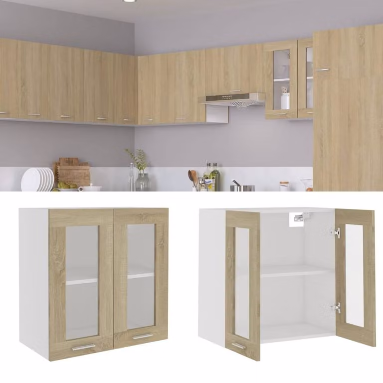 Berkfield Home Hanging Glass Cabinet in Sonoma Oak, Light Brown, W/D/H: 60 x 31 x 60 cm