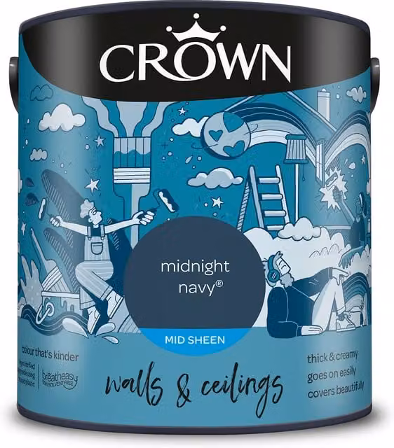 Crown Walls and Ceilings Mid Sheen Emulsion in Midnight Navy, 2.5l