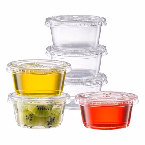 ECONX 100 Pack Reusable Plastic Portion Pots with Airtight Lids, 2oz Transparent Leakproof Sauce and Dip Containers – 1