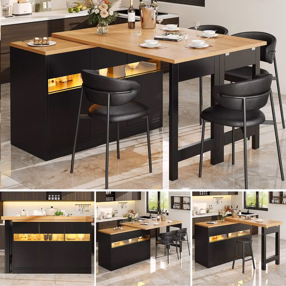 Merax Black Extendable Kitchen Island Bar Table with LED Lights and Rotating Drop Leaf Top – 2