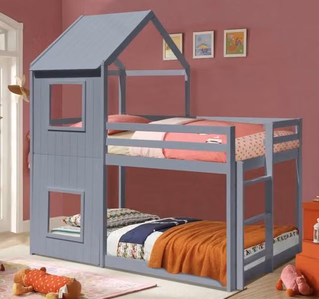 Comfy Living Ltd Wooden House Bunk Bed in Grey, Single Size