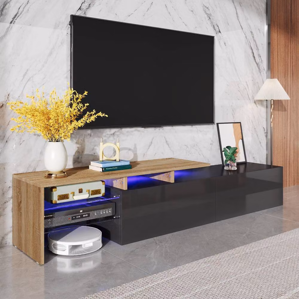 BTM Modern TV Stand with Integrated LED Lighting, Glass Shelves and MDF in Sand/Brown, W/D/H: 82.0 x 33.0 x 33.5 cm – 5