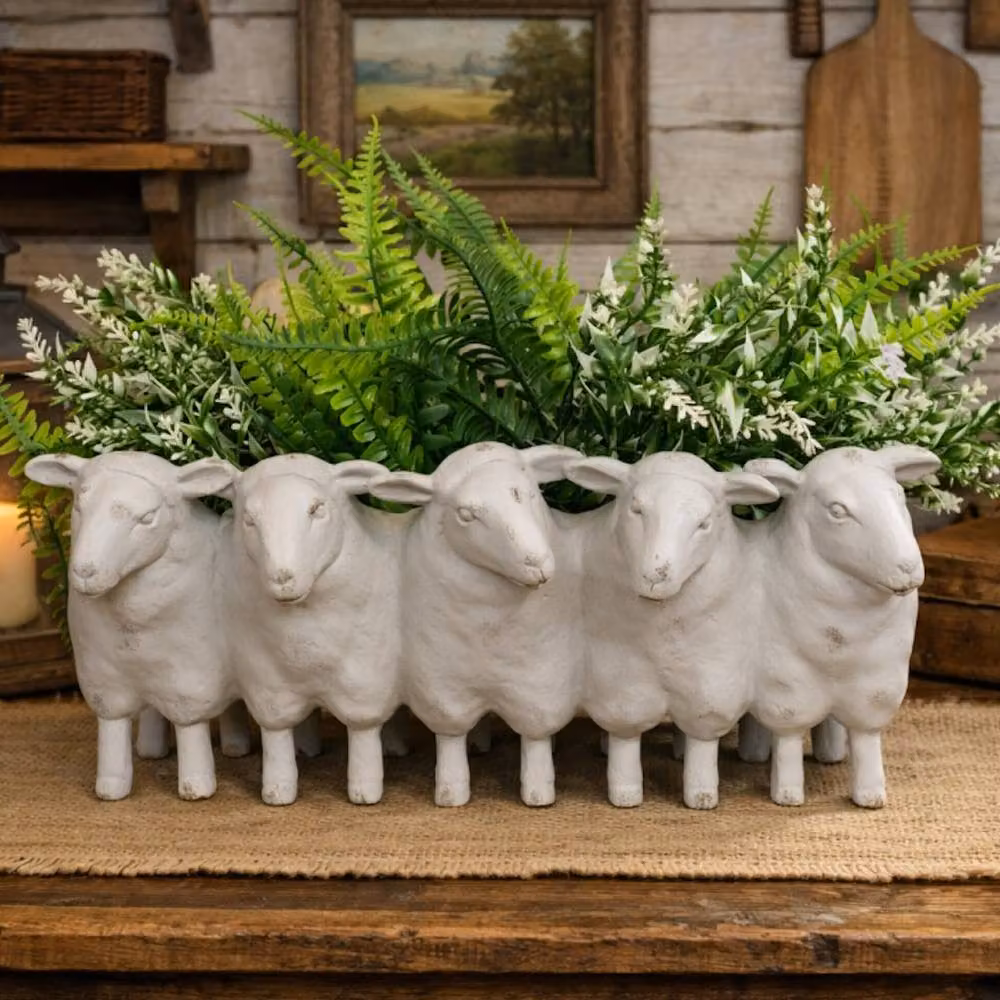 Gifts Direct 2 U Sheep Herd Ceramic Planter Trough in Distressed Cream Beige and White, W/D/H: 31.0 x 17.0 x 14.0 cm – 2