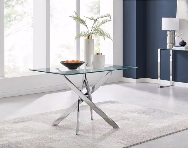 FurnitureboxUK Leonardo 4-Seater Dining Set with Rectangular Glass Table and 4 Navy Pesaro Chairs with Silver Legs