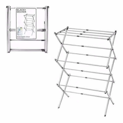 BLACK+DECKER BXAR61069E Extendable Compact Foldable Clothes Airer in Grey with 7.5m Drying Space