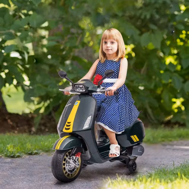 AIYAPLAY Licensed Vespa 12V Kids Electric Ride-On Bike with Training Wheels, Green and Dark Green