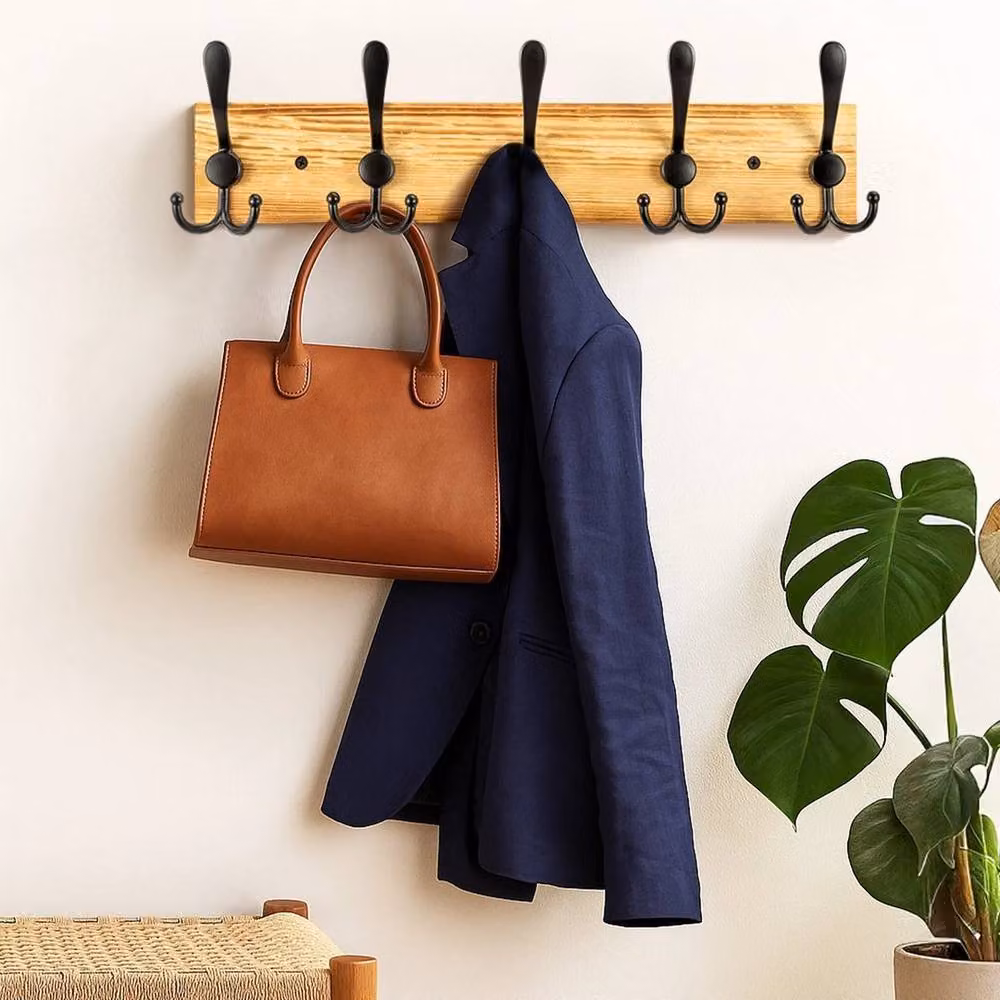 Kelvenix Mount Rail Wooden Wall Hooks with 5 Triple Hooks in Brown – 3