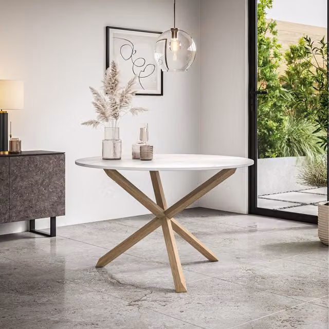 More4Homes Malvern Round Marble Effect Dining Table Set with 6 Monza Chairs in Black and White, W/D/H: 120 x 120 x 75 cm