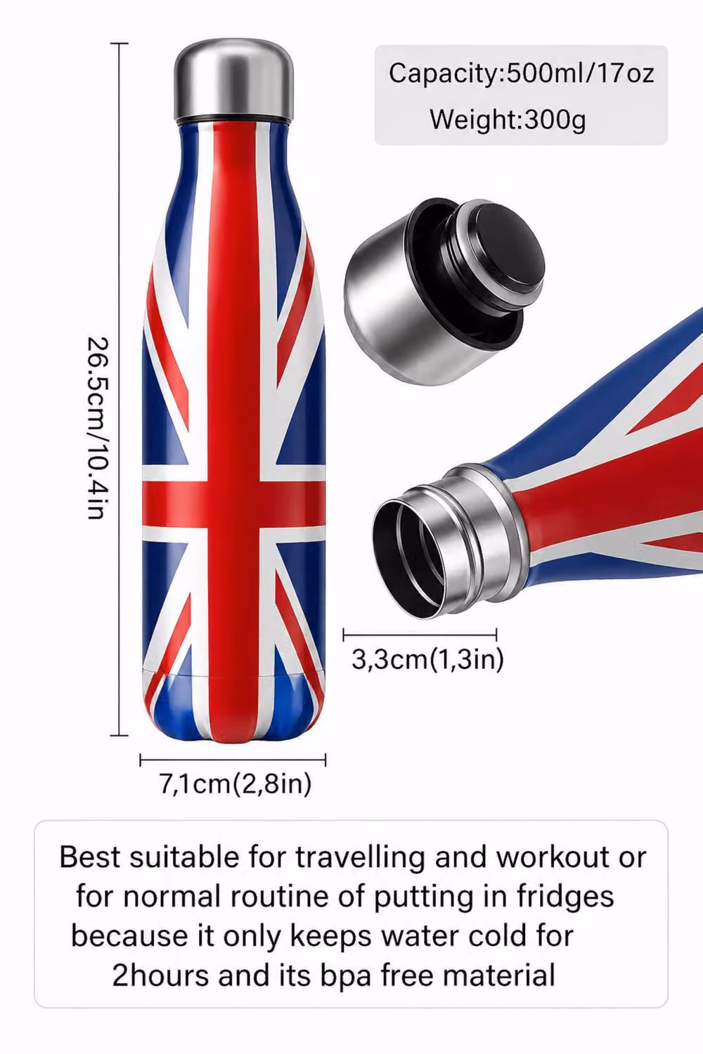 Dyzi Stainless Steel Water Bottle, Leak Proof, Union Jack Design, Black, 500ml – 2
