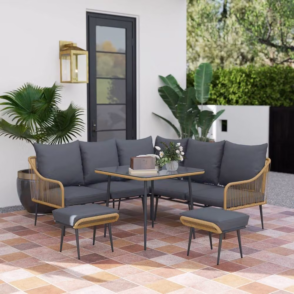 Wyld Haus Nofise 6 Piece Rattan Style Garden Sofa Set with Coffee Table and 2 Stools in Light Brown – 3
