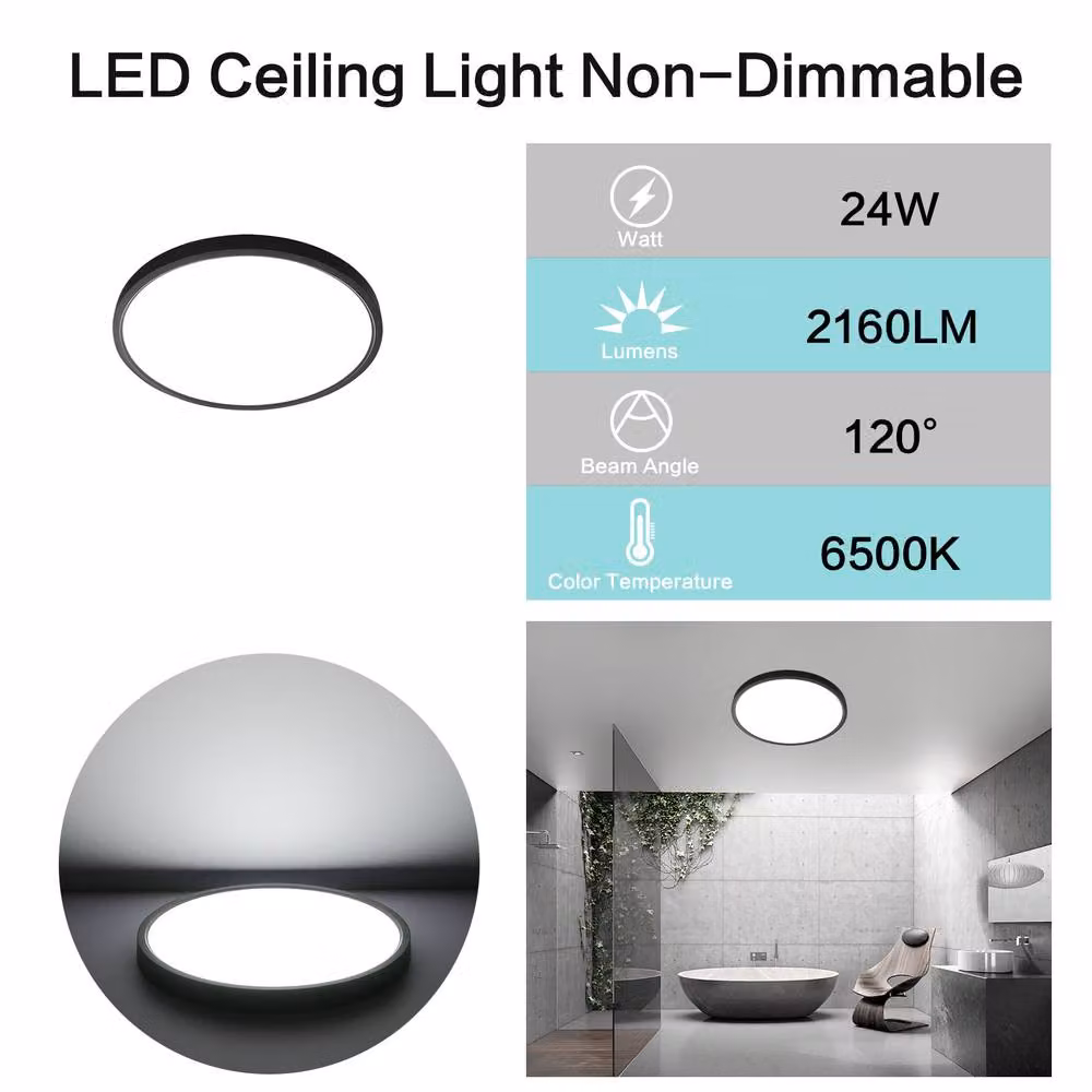 Goeco Round LED Ceiling Light, 24W, 6500K Cool White, IP54 Waterproof, Black – 5