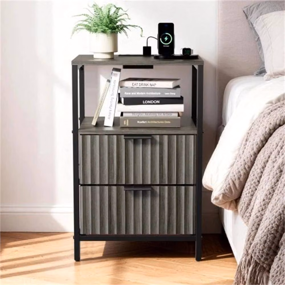 NESTLUNE Grey Bedside Table with 2 Drawers and Charging Station, W: 100 cm, D: 15 cm – 5