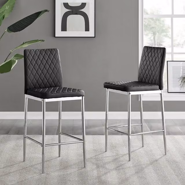 FurnitureboxUK Set of 2 Milan Hatched Faux Leather Padded Counter Stools with Silver Chrome Metal Legs in Black – 1