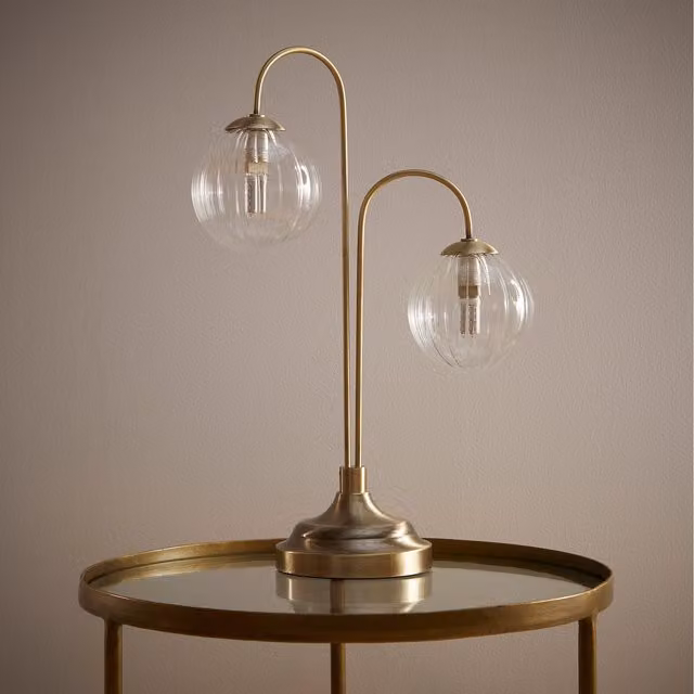 K Living Mid-Century Brass Table Lamp with Transparent Glass Sphere Shades in Gold/Brass