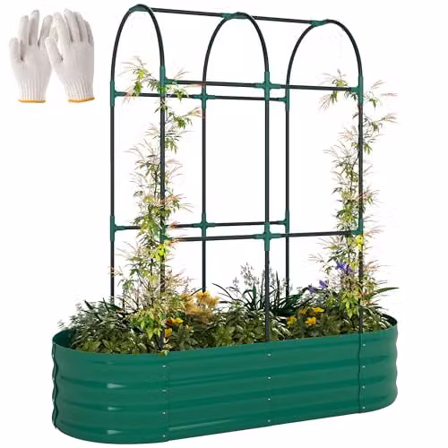 Outsunny Galvanised Steel Raised Garden Bed with Arched Trellis, Green, W: 121.92 cm, D: 60.96 cm, H: 140.2 cm