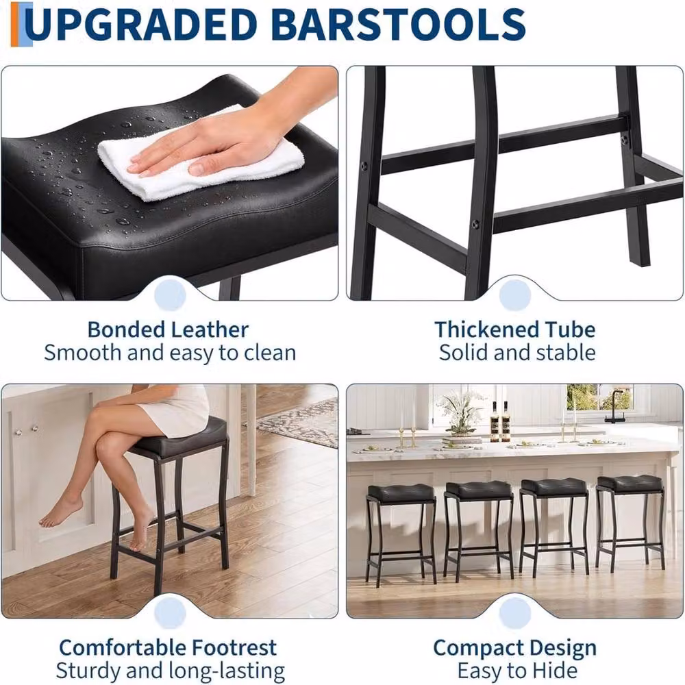 VOGREX Set of 4 Modern Metal Bar Stools in Black with Synthetic Leather Seats – 5