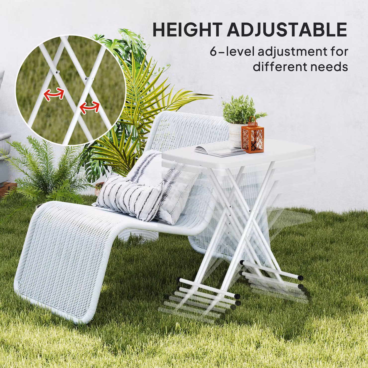 Outsunny Height Adjustable Folding Coffee Table with White HDPE Top and Metal Frame for Garden, Balcony or Terrace – 4
