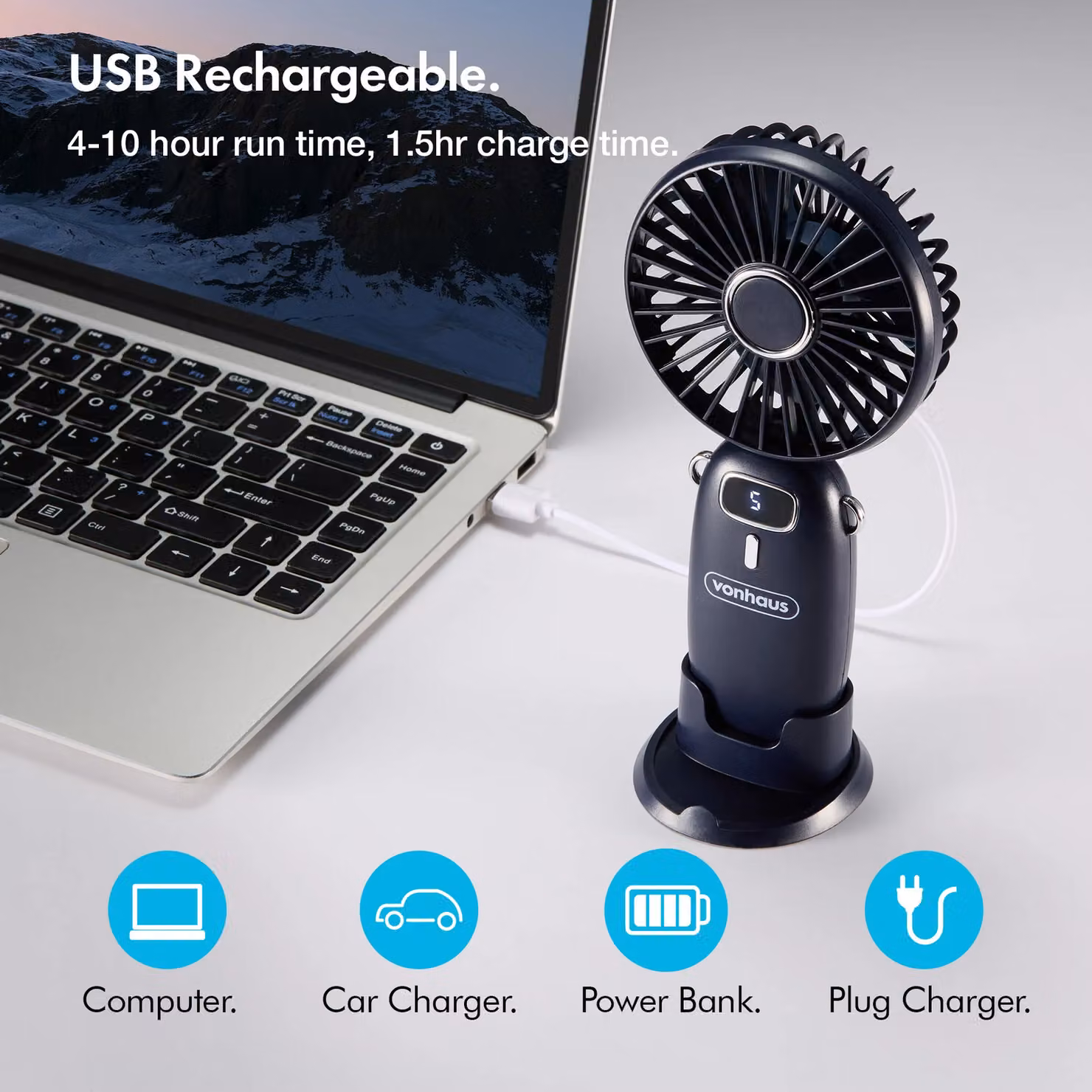 VonHaus Rechargeable Mini Handheld Fan in Blue – 3