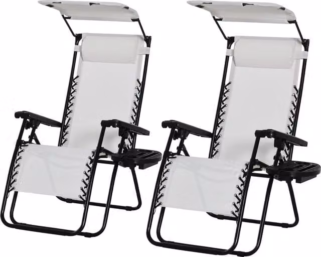 Outsunny 2 Piece White Foldable Reclining Garden Chair Set with Adjustable Headrest, Sun Canopy, Armrests and Footrest – 1