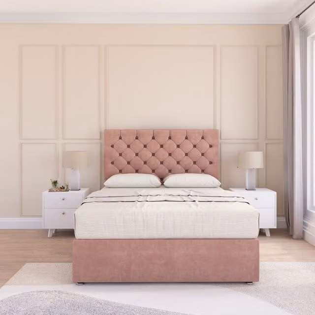 Sloomy Mayfair Pink Plush Velvet Upholstered Bed Set with Headboard and Hybrid Memory Foam Mattress, Size: 180 x 200 cm