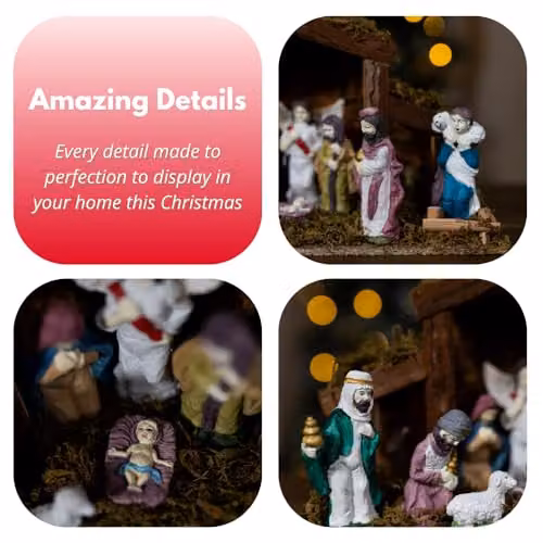 Marco Paul Interiors Traditional Hand-Painted Wooden Nativity Scene Set with Resin Figurines, Multicolour, Height: 38 cm – 5