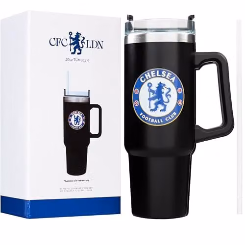 Get Trend Chelsea FC Insulated Stainless Steel Tumbler with Straw and Handle, Black, 850ml