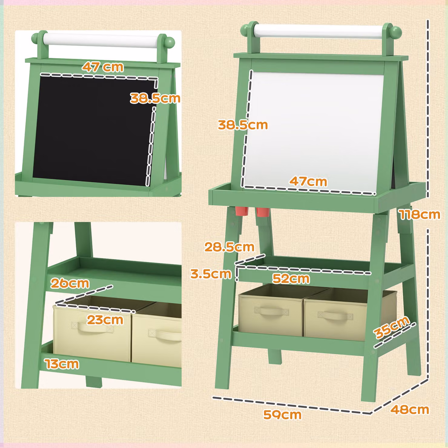 AIYAPLAY 3 in 1 Kids Art Easel with Double-Sided Magnetic Whiteboard, Chalkboard and Paper Roll, Green – 3