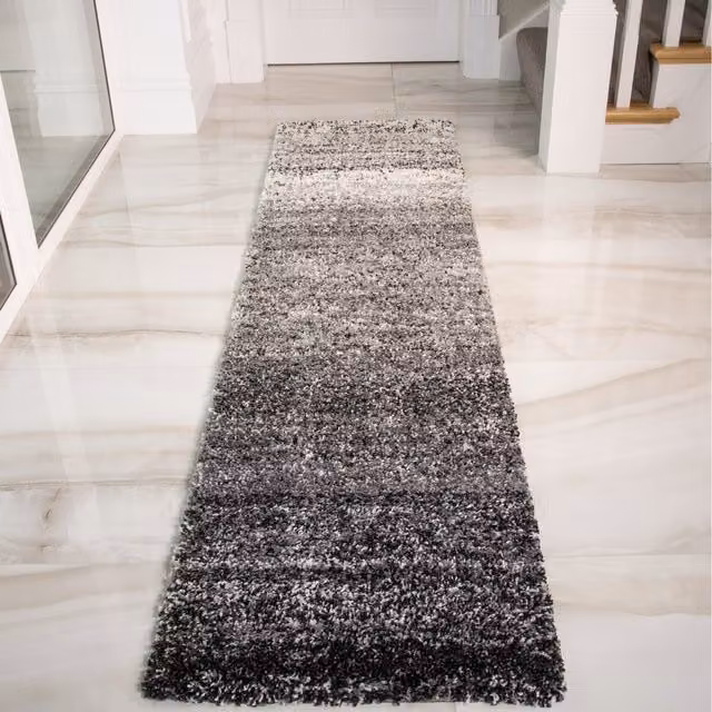 The Rug House Super Soft Mottled Striped Shaggy Area Rug in Black and Grey, W: 60 cm, L: 240 cm