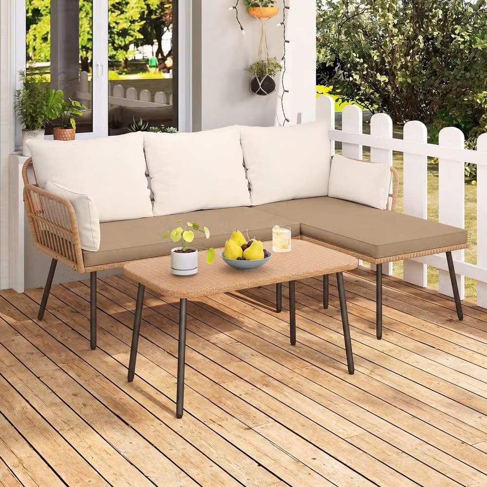 Costway 3-Piece Rattan Patio Sectional Sofa and Coffee Table Set in Brown – 3
