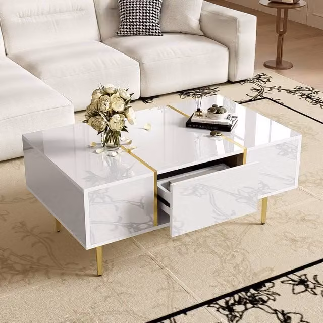BTM Modern White and Gold High Gloss Rectangular Coffee Table with 2 Drawers W/D/H: 100 x 60 x 41.5 cm