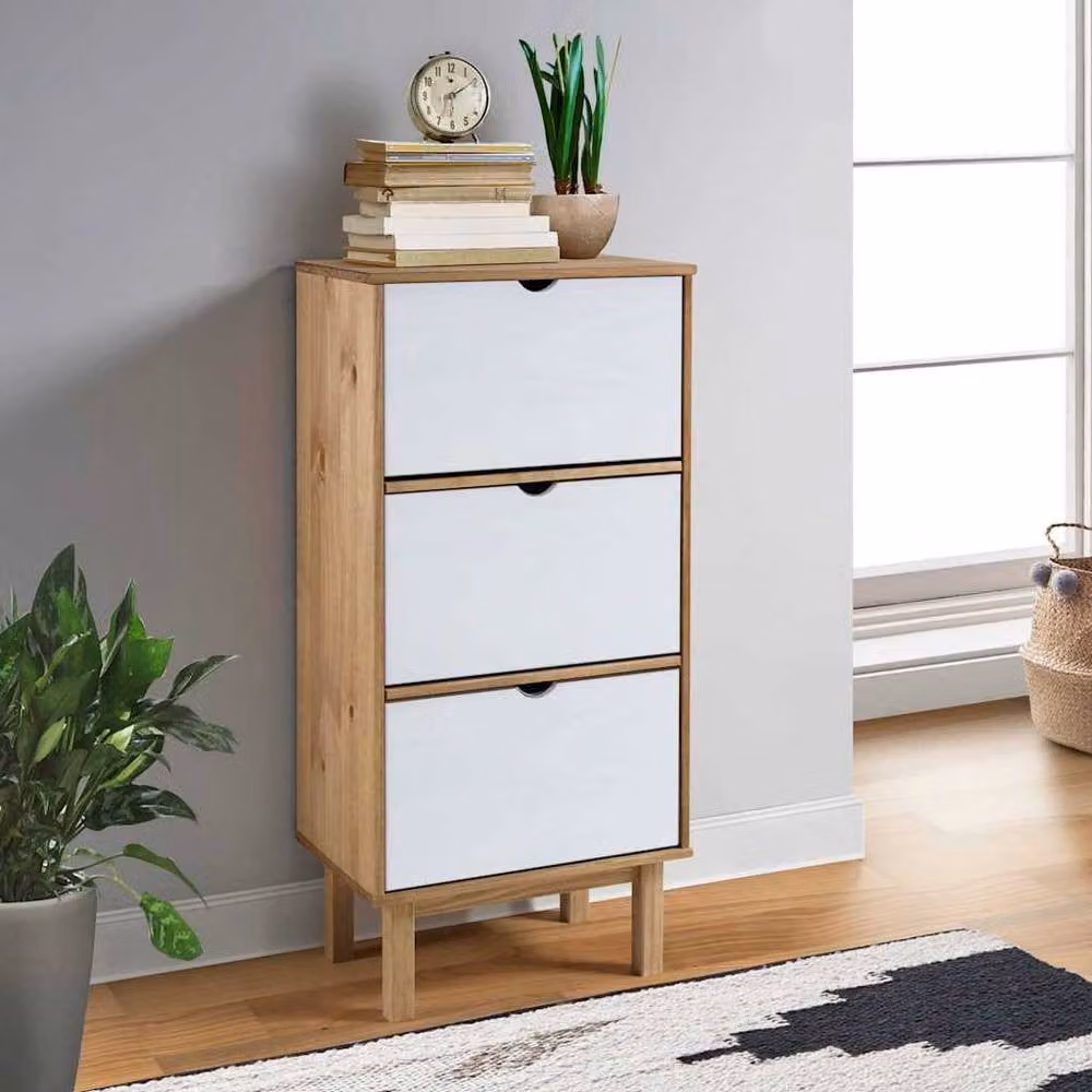 Berkfield Home OTTA Shoe Cabinet in Brown and White Solid Pine Wood with 3 Drawers and Tilting Compartments, W/D/H: 120 x 35 x 55 cm – 1