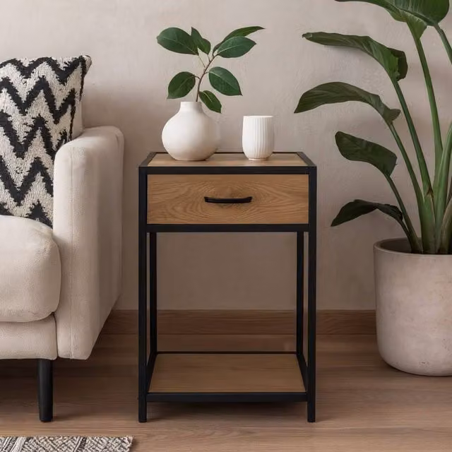 Wyld Haus El Paso Bedside Table with 1 Drawer, Wild Oak Top and Black Steel Base, Natural/Black/Brown, W/D/H: 35 x 35 x 63 cm