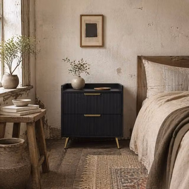 Wyld Haus Vevele Black 2 Drawer Ribbed Bedside Table with Gold Accents – 1