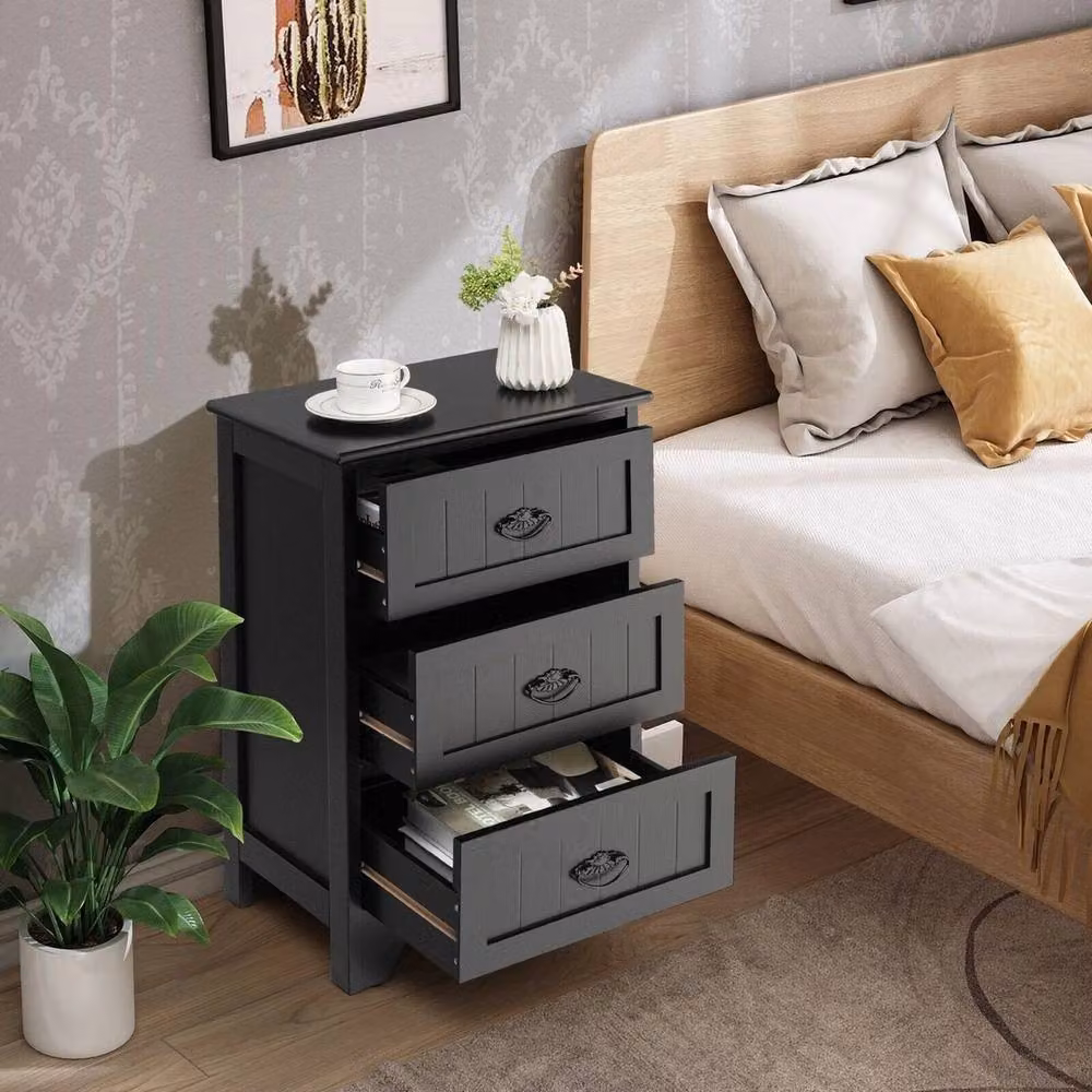 VOGREX Black Vintage Lacquered Wood 3-Drawer Bedside Table – 5