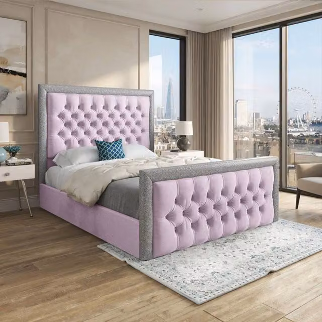Casani Thornton Small Single Upholstered Velvet Bed Frame in Pink with Glitter Border