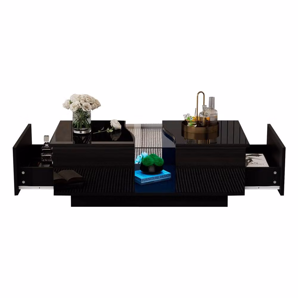 STILVORA Modern Glossy Black Coffee Table with 2 Drawers and LED Lights – 4