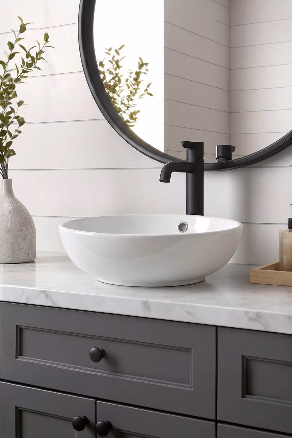 Living and Home Round Ceramic Countertop Washbasin with Drainer in White, W: 44 cm, D: 17 cm, H: 44 cm – 2