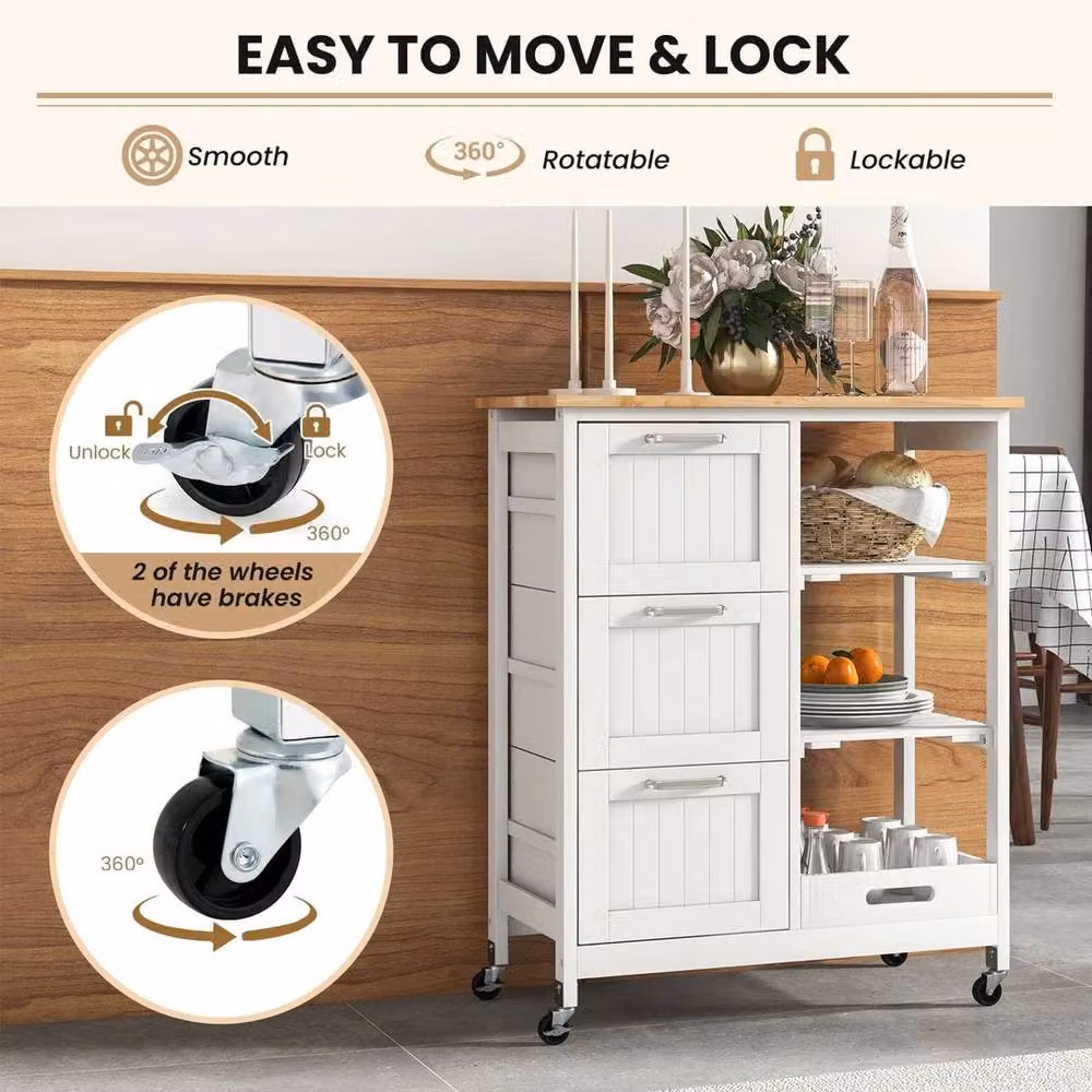 KORVIXA White Utility Cart with Lockable Wheels and Wood Top, W/D/H: 100 x 6 x 83.5 cm – 3